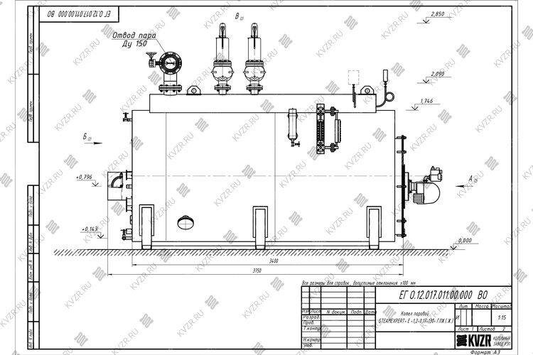 Чертеж дизельного парового котла 1200 кг 130 °С